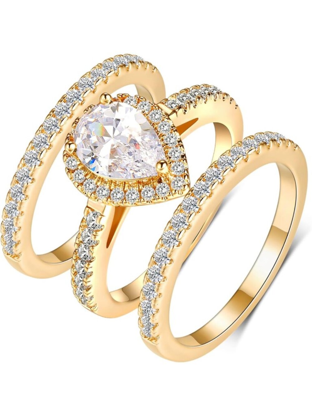 Three-in-One Halo Wedding Bands Set - 18K Gold Plated CZ Engagement Rings, Size